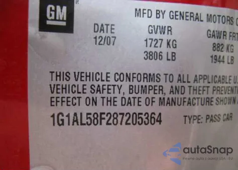 2008 Chevrolet Cobalt Lt from USA, damaged, VIN 1G1AL58F287205364